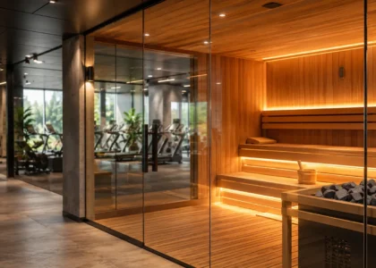 commercial gym sauna glass front