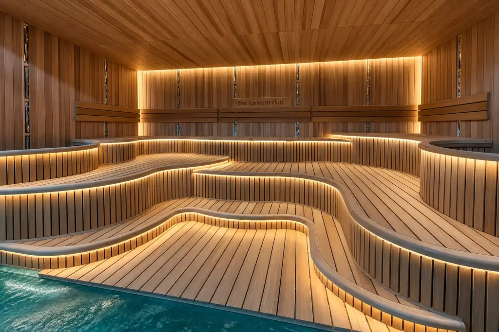 Curved wood sauna room construction with pool at AMAALA Red Sea, Saudi Arabia