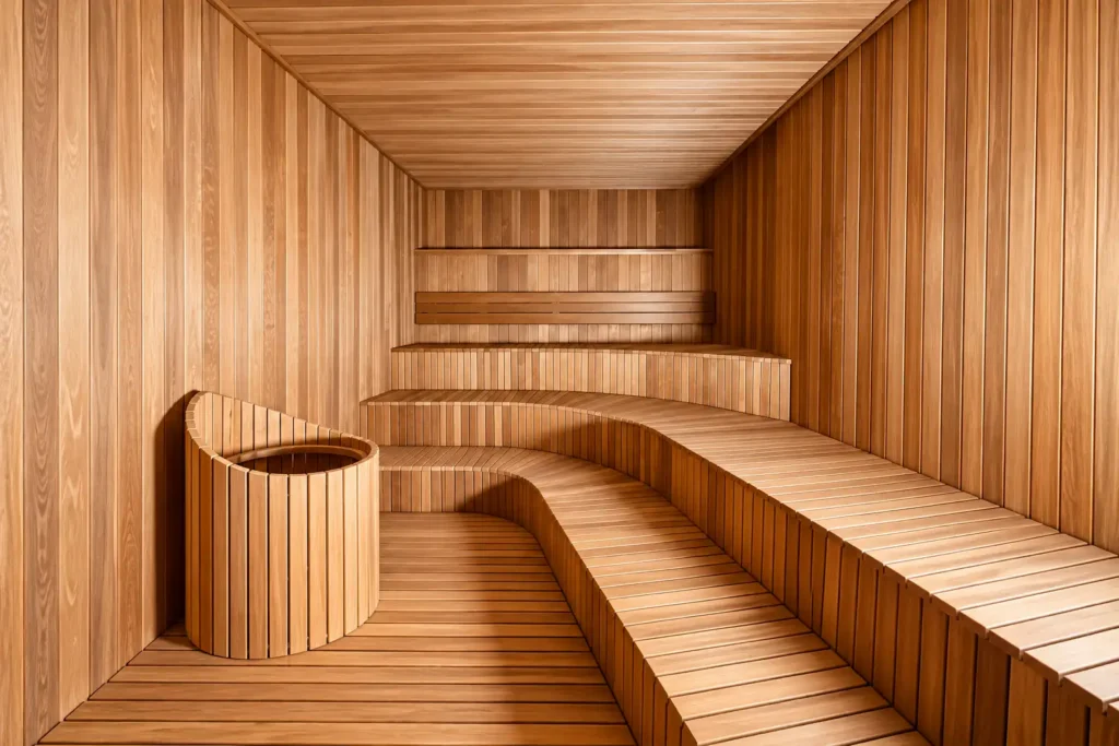 Curved cedar sauna interior built at Red Sea AMAALA project, Saudi Arabia